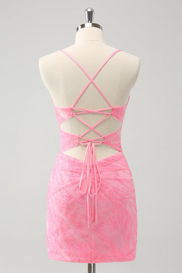 Pink Spaghetti Straps Tight Corset Cocktail Dress with Lace Up Back
